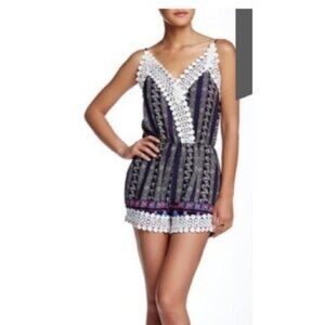 Peach Love California Womens Small Blue & White Boho Crochet Trim Romper